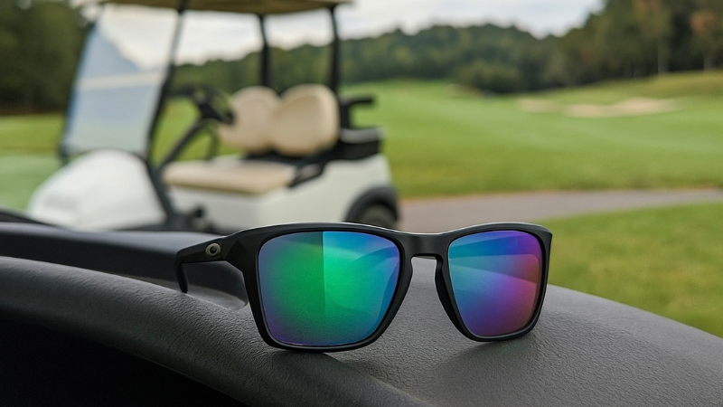カートに置かれているOAKLEYのゴルフ専用サングラス