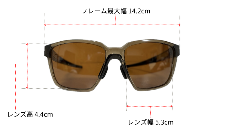 OAKLEYのアクチュエーター エスキューを正面から見た際の計測値(フレームの長さなど)