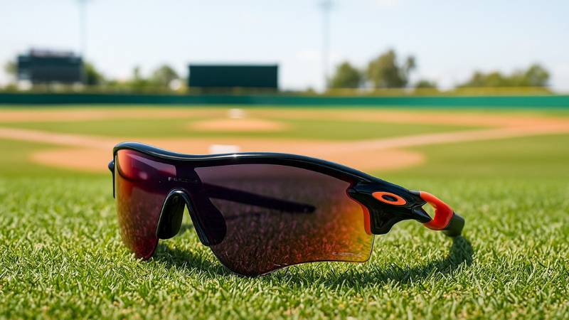 野球のグラウンドに置いてあるOAKLEYのプリズムフィールドレンズを搭載したサングラスの写真