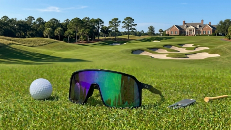 OAKLEYのサングラス、スートロのプリズムゴルフレンズモデルとゴルフ場の写真