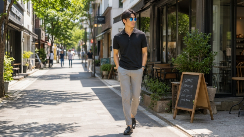 OAKLEY、サイラスを掛けて歩いている男性モデル