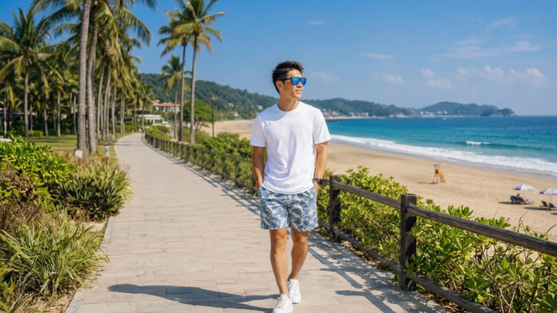 OAKLEY Holbrookを掛けて、ビーチ沿いを歩いている男性モデル