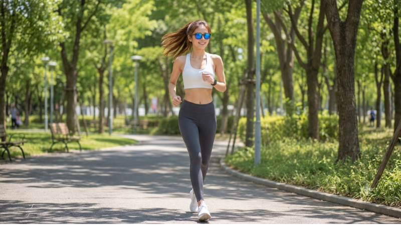 OAKLEYのアクチュエーターを掛けてランニングをしている女性モデル