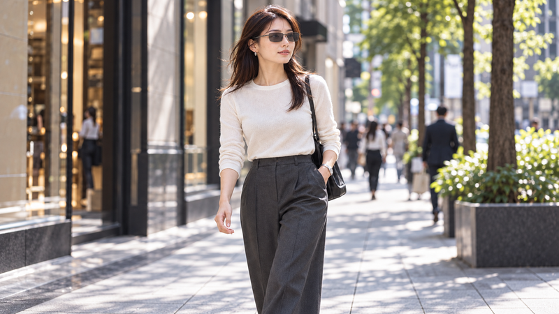 OAKLEYのワイヤーサングラスモデル、Square Wirを掛けて街を歩いている女性